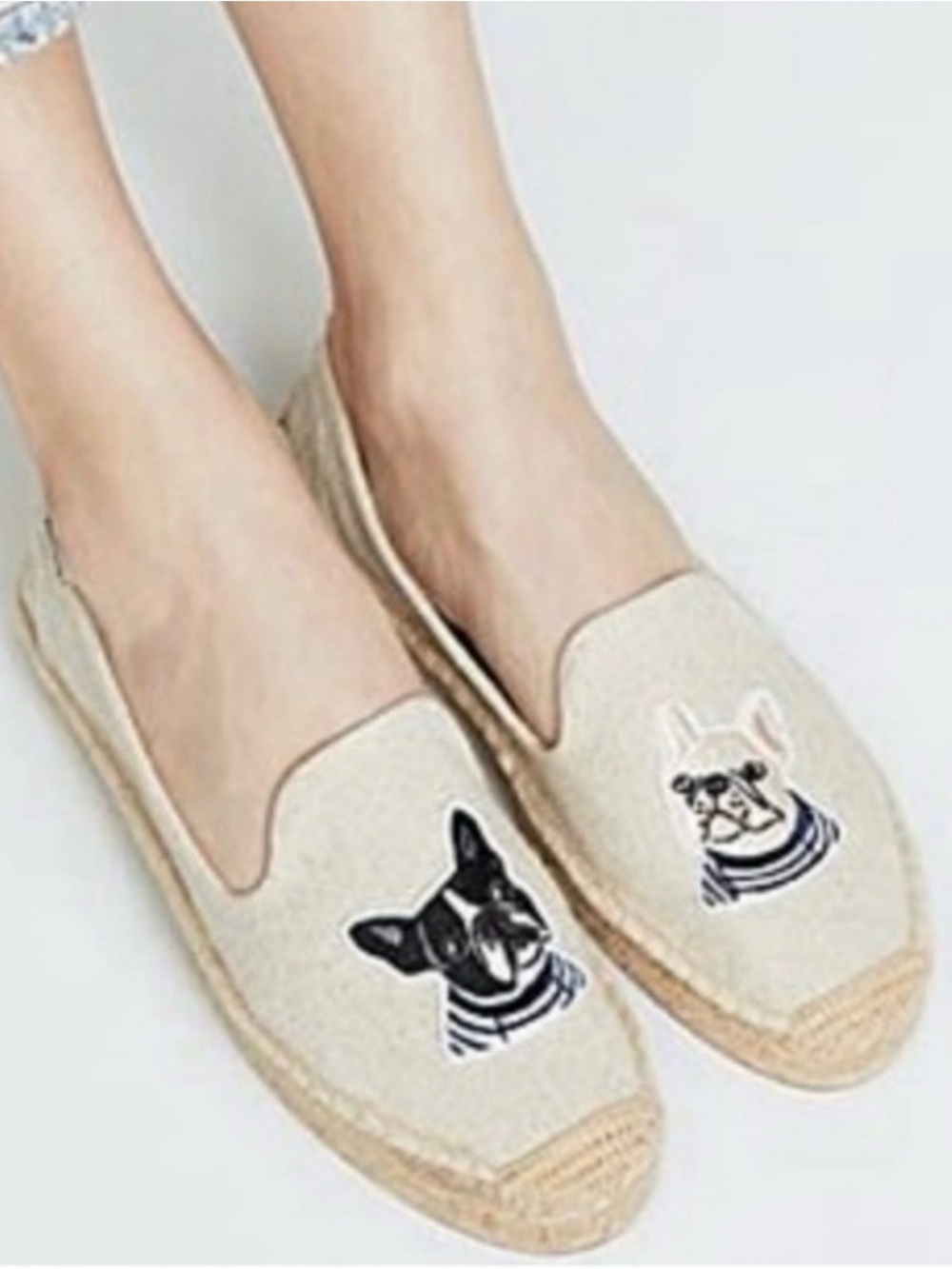 Soludos Teddy and Gigi Dogs Tan Espadrille Flats with Embroidery Size 6.5